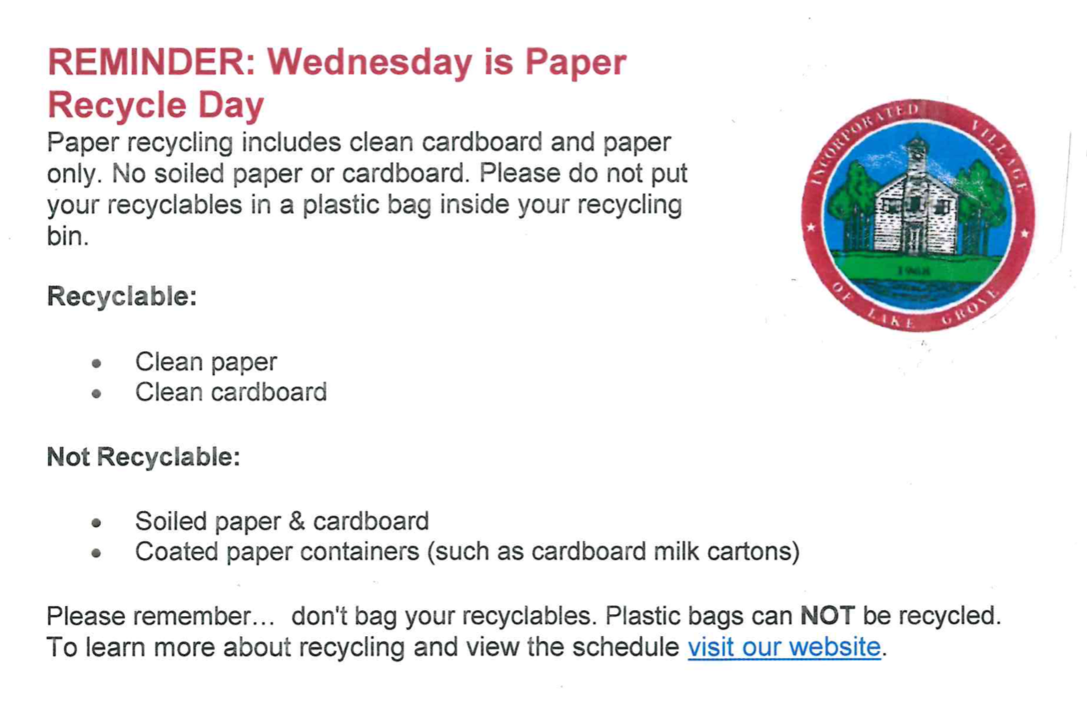 Reminder Wednesday is Paper Recycle Day Village of Lake Grove