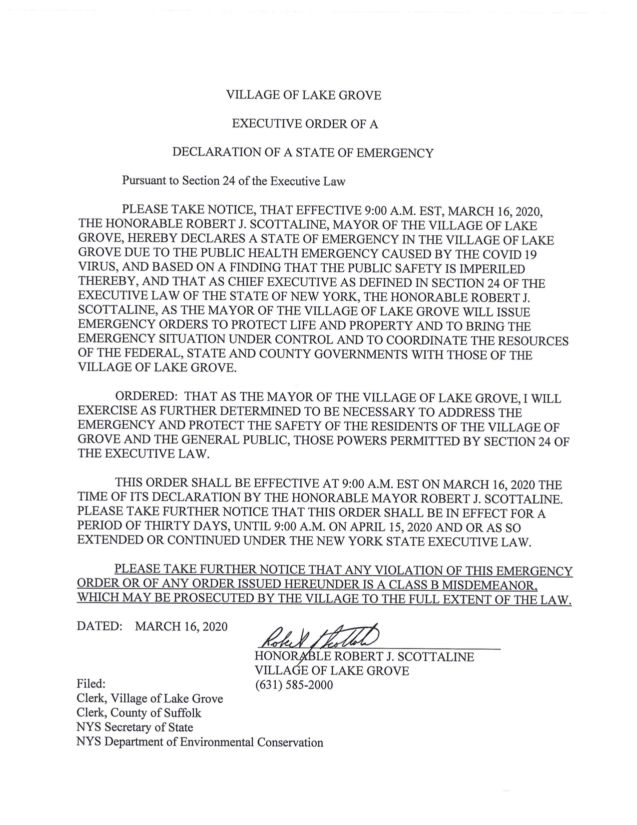 Village of Lake Grove Declares State of Emergency Village of Lake Grove